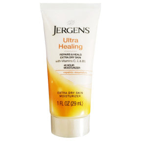 Jergens Ultra Healing Extra Dry-skin Moisturizer C02-0321503-8200 - 1 oz travel size lotion in plastic tube. Nourishes and Heals. Repairs for visibly healthier skin. With an illuminating Hydralucence blend and Vitamins C, E & B5.