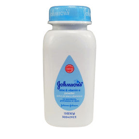 Johnsons Baby Powder Soothing Aloe & Vitamin E C02-0420402-8200 - 1.5 oz travel size baby powder in plastic bottle.