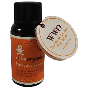 erbaorganics Baby Body Wash C02-0978301-8100 - 1 oz baby body wash in travel size plastic bottle. Extra-gentle cleansing for delicate skin with nurturing organic aloe, oat extract, lavender and chamomile. Certified 78% organic ingredients.