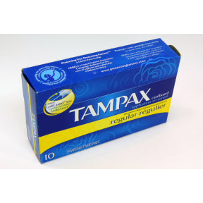 Tampax Regular Tampons C08-0128401-4300 - 10 tampons in a travel size box. Regular absorbency with unique LeakGuard Skirt. Cardboard applicator.