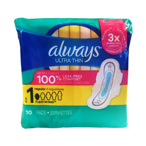 Always Ultra Thin Pads C08-0228601-8300 - 10 pack individually wrapped travel size feminine maxi-pads. Regular absorbency. Features LeakGuard Core and Flexi-wings.