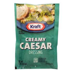 Kraft Creamy Caesar Dressing - 1.5 oz F02-0000323-1300 - 1.5 oz creamy caesar flavor salad dressing in individually sealed single serving pouch.