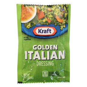 Kraft Golden Italian Dressing 1.5 oz F02-0000324-1300 - 1.5 oz salad dressing in individually sealed single serving pouch. O grams trans fat per serving.
