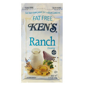 Ken's® Fat Free Ranch F02-0002231-1300-1.5 oz fat free ranch flavor salad dressing in individually sealed single serving pouch. A convenient travel size for on the go.