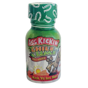 Ass Kickin'® Chile Lime Hot Sauce F03-0340106-3100-0.75 oz hot sauce in plastic bottle.