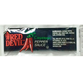 Red Devil™ Cayenne Pepper Sauce F03-3341701-1100 - 7 g. hot sauce made from cayenne peppers, vinegar, and salt in individual size packet. A convenient travel size for on the go.