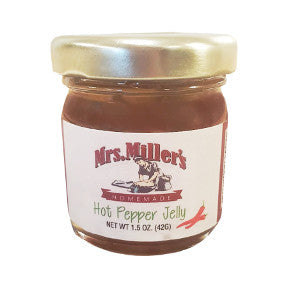 Mrs. Miller's Homemade Hot Pepper Jelly F04-0070319-3200 - 1.5 oz hot pepper jelly in glass jar. A convenient travel size for on the go.