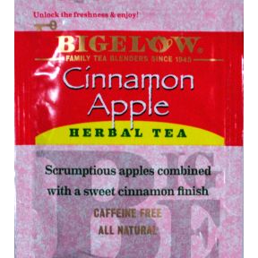 Bigelow Cinnamon Apple Herb Tea F20-1823810-0000 - Single tea bag in sealed packet. Natural. No caffeine. A delicious blend of apples and cinnamon.