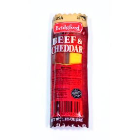 Bridgford Beef and Cheddar 1.125 oz. F30-3639121-8200-1.125 oz. package of beef stick and cheddar cheese.
