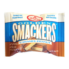 Betty Lou's® Golden Smackers Caramel Peanut - 1.4 oz package. Caramel and Peanut Nougat Covered in Milk Chocolate.