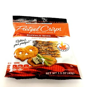 Snack Factory® Pretzel Crisps® Buffalo Wing F40-4587803-8100 - 1.5 oz. bag. Baked Bold & Spicy. Thin, crunchy pretzel crackers.
