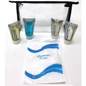 Shower Ready Kit K01-0489911-9105 - 5 travel size toiletry products in a reusable vinyl zip bag.