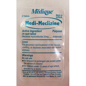 Medique Medi-Meclizine for motion sickness P01-0127414-1000 - 2 tablets in travel size individually sealed packet.