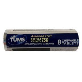 Tums® Extra Strength 750 Assorted Fruit P01-0342414-9100-8 chewable antacid tablets per roll. Assorted fruit flavors.