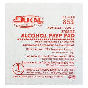 Dukal Alcohol Prep Pad P03-0183501-8000-1 sterile alcohol prep pad in an individually sealed travel size package.