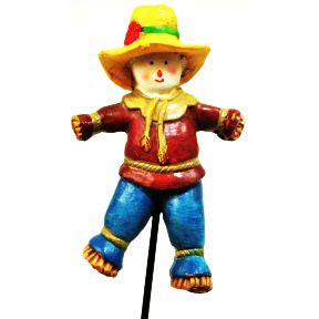 Polystone Mini Country Scarecrow U03-0101232-0190-a single miniature scarecrow on a stake. Garden decor.