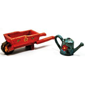 Polystone Mini Country Watering Can & Wheelbarrow, 2 pc set U03-0501232-0192-2 piece set. Mini watering can & wheelbarrow. Garden décor.