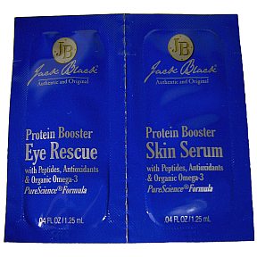 Jack Black - Protein Booster Eye Rescue & Skin Serum - Dual Packet BC2-0374212-1000 - 0.04 fl oz travel size tear-top packets. For all skin types. Fragrance-free, Paraben-free, Colorant-free. Vegan.