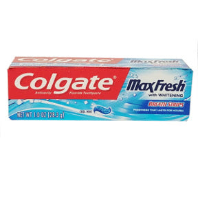 Colgate® MaxFresh® with Mini Breath Strips Anticavity Fluoride Toothpaste C01-0114205-4100-1 oz. travel sized toothpaste in tube. Cool Mint. With Whitening.