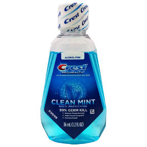 Crest Pro Health Mouthwash - Refreshing Clean Mint (blue) C01-0214101-8200 - 1.22 oz travel size mouthwash in plastic bottle.
