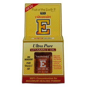 Fruit of the Earth Ultra Pure Vitamin E skin care oil C02-0340206-9100 - .5 oz in hard plastic bottle. Unscented. 100% Concentration for maximum healing power. Helps promote healing of scars, burns, blemishes. Soothes dry and cracked lips. Moisturizes tin