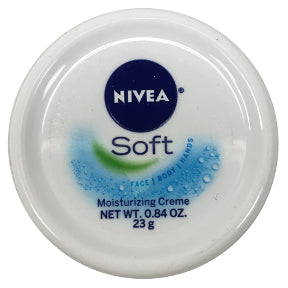 Nivea® Soft Moisturizing Crème C02-0356306-8000 - 0.84 oz. compact case size plastic container with screw on lid. Soft. Moisturizing crème. Face/Body/Hands.