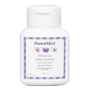 DawnMist Pure Corn Starch Baby Powder C02-0417501-8200 - 1.5 oz baby powder in travel size plastic shaker bottle. Talc-free. With aloe and vitamin E. Hypo-allergenic.