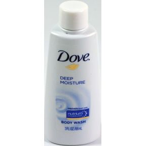 Dove Body Wash Deep Moisture 3 oz C02-0715601-8300 - 3.0 fl oz travel size in plastic bottle.