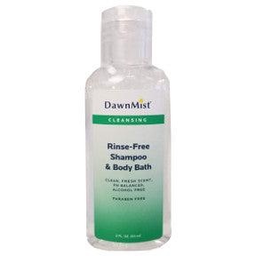 DawnMist Rinse Free Shampoo and Body Bath 2 oz C03-0117502-8200 - 2 fl oz shampoo and body wash combo in travel size plastic bottle.