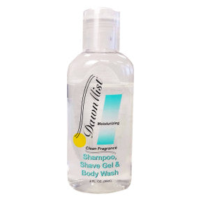 DawnMist Shampoo, Shave Gel, Body Wash 2oz C03-0117503-8200 - 2 fl oz shampoo and body wash combo in travel size plastic bottle.