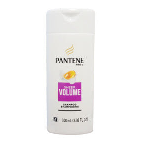 Pantene Pro-V Sheer Volume Silicone Free Shampoo C03-0120304-8300 - 3.38 fl. oz. travel sized plastic bottle. Sheer volume silicone free shampoo. Made in USA.