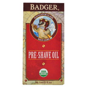 Badger® Navigator Class Man Care Pre-Shave Oil C04-0470701-8400-2 fl oz. glass bottle of pre-shave oil for men. Good Grooming for Adventurous Gents.