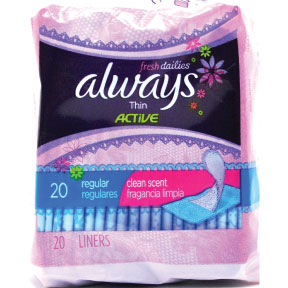 Always® Fresh Dailies Thin Active Pantiliners - scented - 20 pack C08-0328601-8300-20 pack individually wrapped, travel size, scented pantiliners. Clean Scent. Regular absorbency.