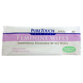 Pure Touch Feminine Wipes C08-0547801-1200 - 1 moist feminine wipe in individually sealed travel size packet. Flushable. With Aloe and Vitamin E.