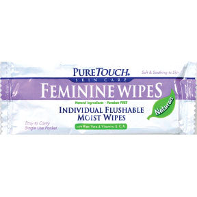 PureTouch Feminine Wipes Naturals C08-0547802-1200 - 1 flushable wipe in individually sealed travel size packet. Natural Ingredients. Paraben free. With Aloe Vera & Vitamin E, C, A.