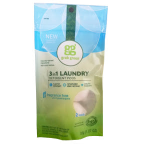grabgreen® 3-in-1 laundry detergent pods - fragrance free D01-0164401-8200-36 g (1.27 oz) high efficiency laundry detergent in sealed package of 2 pods.