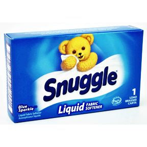 Snuggle Blue Sparkle Liquid Fabric Softener D01-0213303-4100 - 2.43 fl oz travel size in individually sealed pouch, inside box. Single use portion.