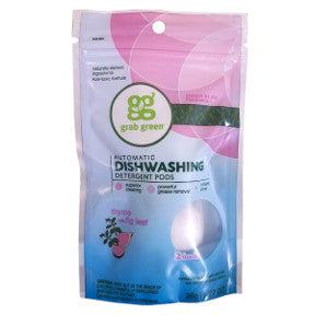 grabgreen automatic dishwashing detergent - thyme with fig leaf D03-0264404-8200 - 30 g (1.27 oz) sealed package of 2 pods. 2 loads. Non-toxic.