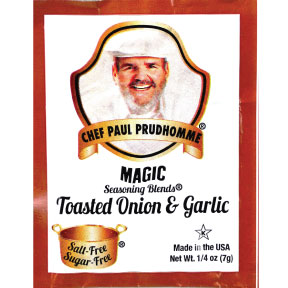 Chef Paul Prudhommes Magic Seasoning Blends - Toasted Onion and Garlic F01-0941216-1100 - .25 oz packet. No salt or sugar. All natural, no MSG, no preservatives, gluten free.