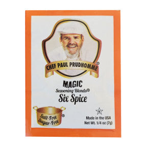 Chef Paul Prudhommes® Magic Seasoning Blends® - Salt & Sugar Free Six Spice Sachet F01-0941251-1000-.02 oz. single use packet. Salt-Free. Sugar-Free. Gluten-Free.