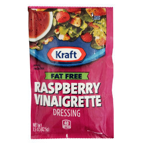 Kraft Free Raspberry Vinaigrette Dressing F02-0000327-1300 - 1.5 oz travel size salad dressing in individually sealed single serving pouch. Fat Free.