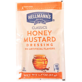 Hellmann's Honey Mustard Dressing F02-0000907-1300 - 1.5 oz honey mustard salad dressing in individually sealed pouch. Blue Ribbon Collection™. No Trans Fat per serving.