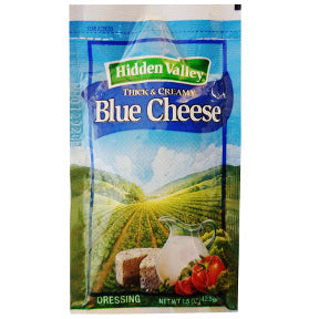 Hidden Valley Blue Cheese Dressing F02-0002005-1300 - 1.5 oz blue cheese flavor salad dressing in individually sealed single serving pouch. A convenient travel size for on the go.