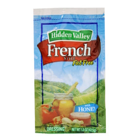 Hidden Valley Fat Free French Style Dressing F02-0002031-1300 - 1.5 oz french flavor fat free salad dressing in individually sealed single serving pouch. With honey. A convenient travel size for on the go.