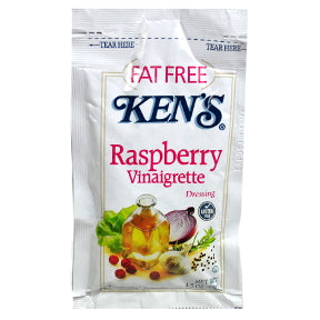 Kens Fat Free Raspberry Vinaigrette Dressing F02-0002236-1300 - 1.5 oz fat free raspberry vinaigrette flavor salad dressing in individually sealed single serving pouch. A convenient travel size for on the go.