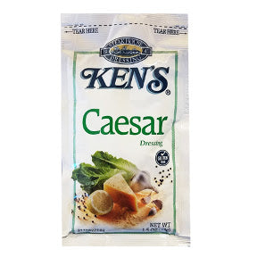 Kens Caesar Dressing F02-0002253-1100 - 1.5 oz caesar flavor salad dressing in individually sealed single serving pouch. A convenient travel size for on the go.