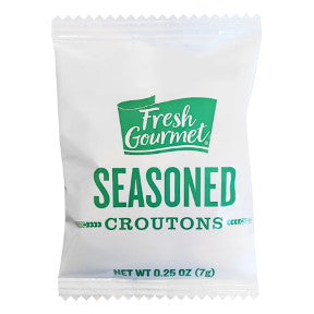Fresh Gourmet Seasoned Croutons F02-0457803-8100 - 0.25 oz seasoned croutons in sealed package. A convenient travel size for on the go.
