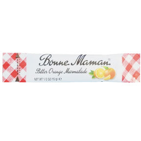 Bonne Maman Orange Marmalade - packet F04-0044436-1100 - 0.5 oz travel size orange marmalade in individually sealed squeeze packet.