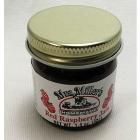 Mrs. Miller's Homemade Red Raspberry Jam F04-0070307-3200 - 1.5 oz red raspberry jam in glass jar. A convenient travel size for on the go.