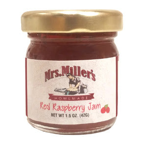Mrs. Miller's Seedless Red Raspberry Jam F04-0070337-3200 - 1.5 oz seedless red raspberry jam in glass jar. A convenient travel size for on the go.
